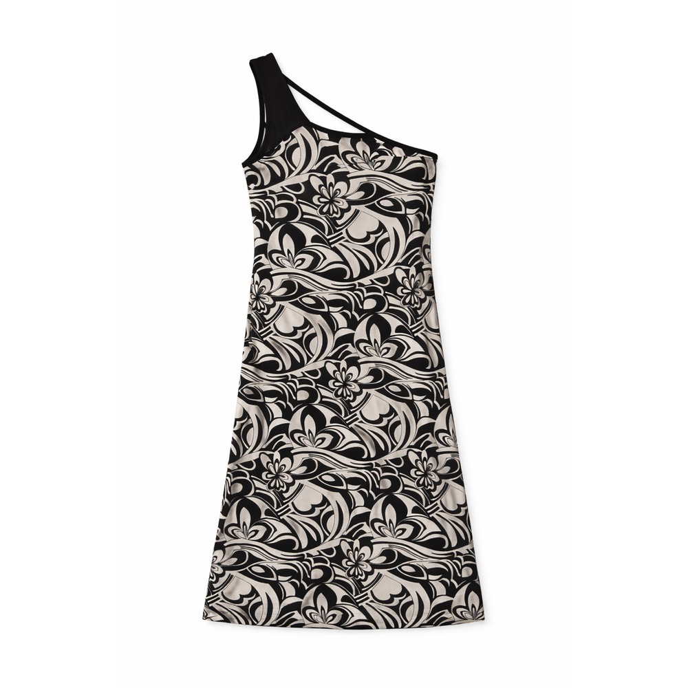 DreamDance Dress Small Black‎ White Floral One Shoulder Stretch Made USA